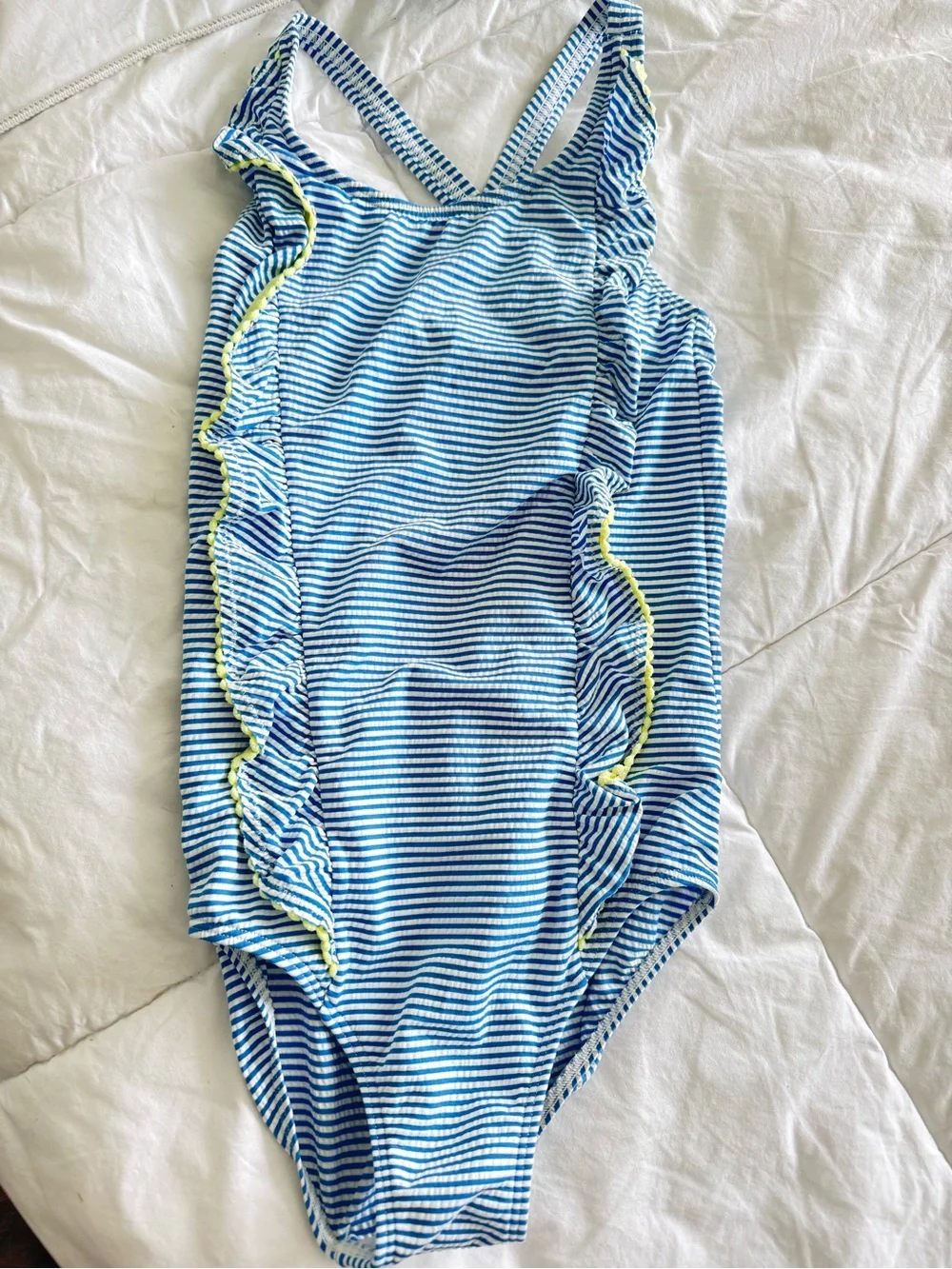 Mini Boden Striped Blue & White Girls One-Piece Swimsuit with Yellow Trim